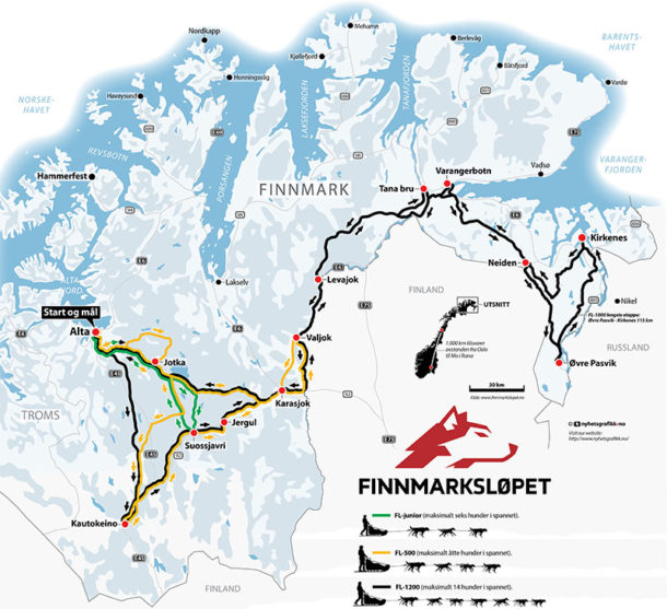 carte-parcours-courses-chien-traineau-finnmarkslopet-laponie-suede