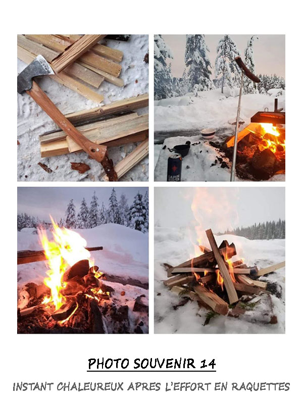 Après l'effort en raquettes à neige, instant chaleureux auprès du feu